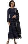Janasya Women's Navy Blue Poly Georgette Kurta with Dupatta