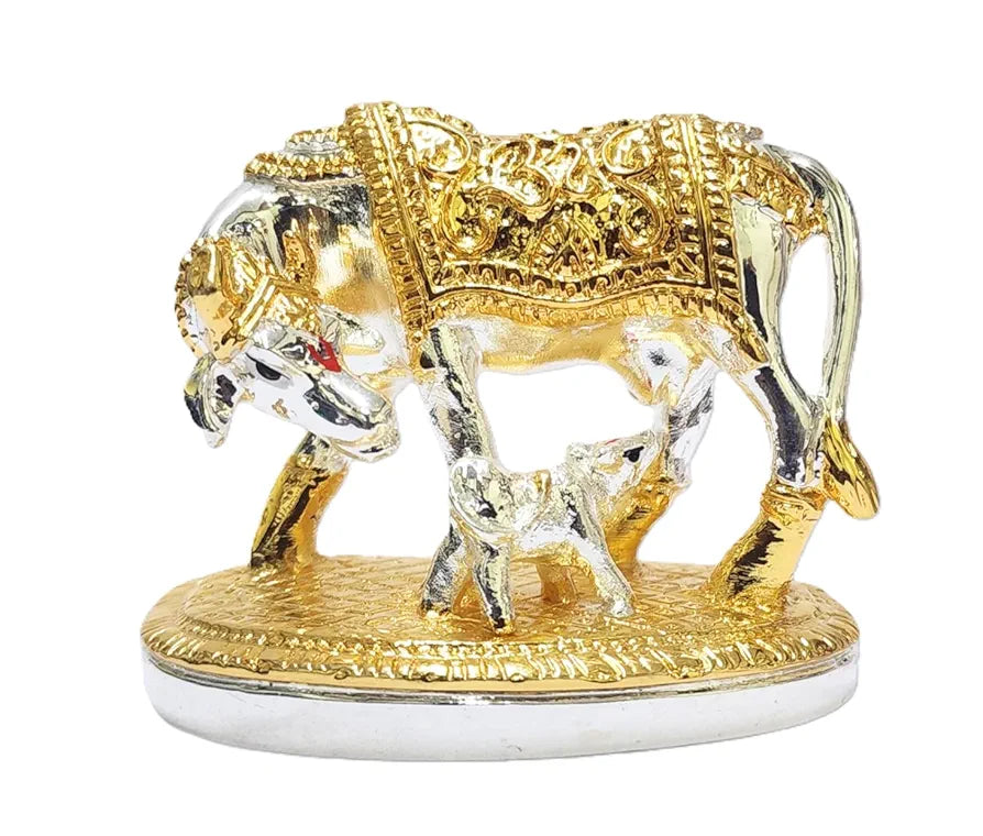 Gold Art India Om Kamdhenu Cow with Calf Idol  Gold Silver Plated for Home Decor | Gaay Bachda Cow and Calf for Vastu | Positive Energy | Wealth | Diwali Puja | Housewarming 2.2 Inch