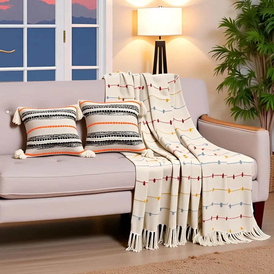 SAJAVAT HOME Pure Cotton 3 Seater Sofa Throw with Cushion Cover | 80x52 Inches/204x132 Cm | Beige Multi Throw with 2 Multi Cushion Cover 16''x16'' for Sofa, Bed, Chair & Travelr | Pack of 1