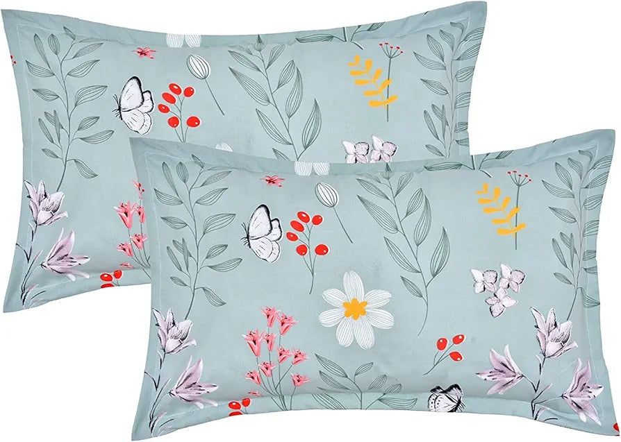 THE HOME STYLE Cotton Feel Glace Cotton Elastic Fitted Printed Double Bed King Size Bedsheet With 2 Pillow Cover,300 TC,Green