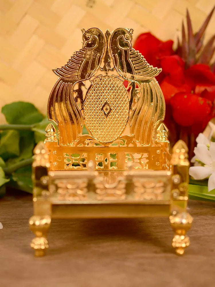 Collectible India Metal Gold Plated ladoo Gopal Singhasan Pooja Chowki mandir for God Thakur Puja Idol Peacock Design Decoration Items 