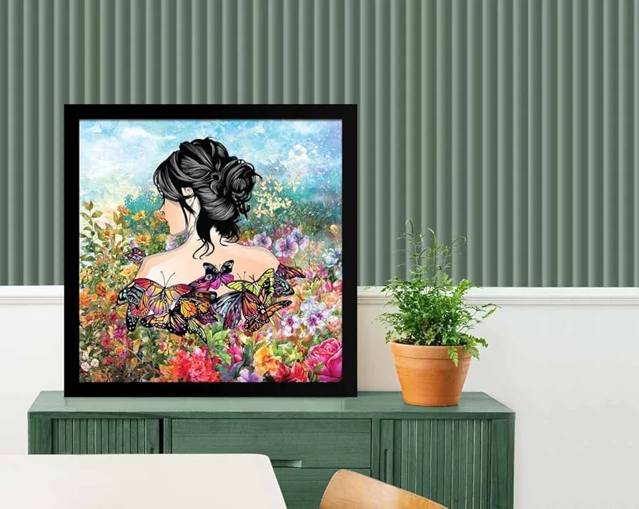 ArtX Woman Butterfly Big Canvas Painting For Bedroom, Living Room,Drawing Room With Frame, Multicolour, Square, 24.0 x 24.0 inch, 2x2 Feet, Set Of 1