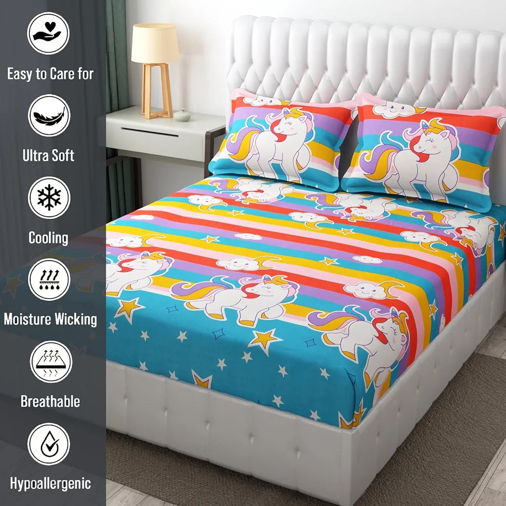 FRESH FROM LOOM Cartoon 300 TC Wrinkle Free Glace Cotton Elastic Fitted Bedsheet for Kids with Two Pillow Cover ), queen, Multicolor