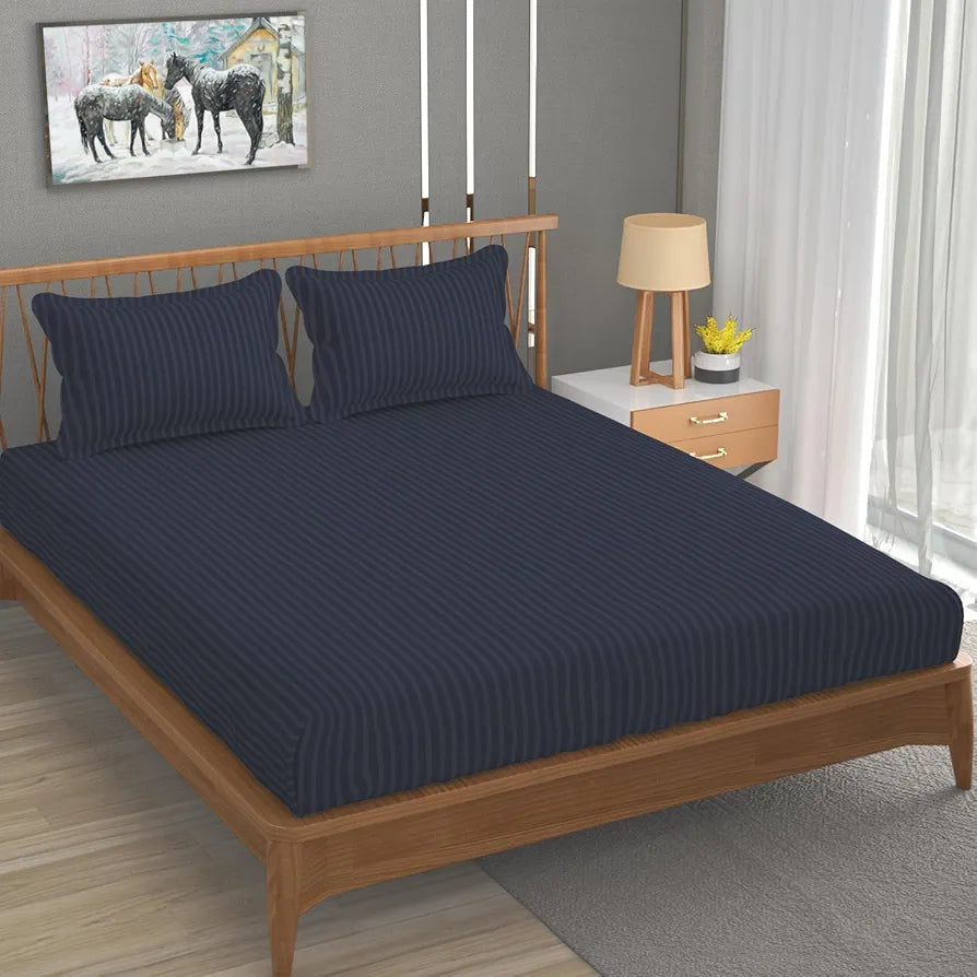 Homefab India 160 TC Stripe Glace Cotton Double BedSheet with 2 Pillow Covers -  - Grey