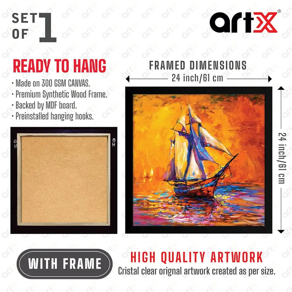 ArtX Colorfull Ship Oil Painting Big Canvas Painting For Bedroom With Frame, Multicolour, Square, 24.0 x 24.0 inch, 2x2 Feet, Set Of 1