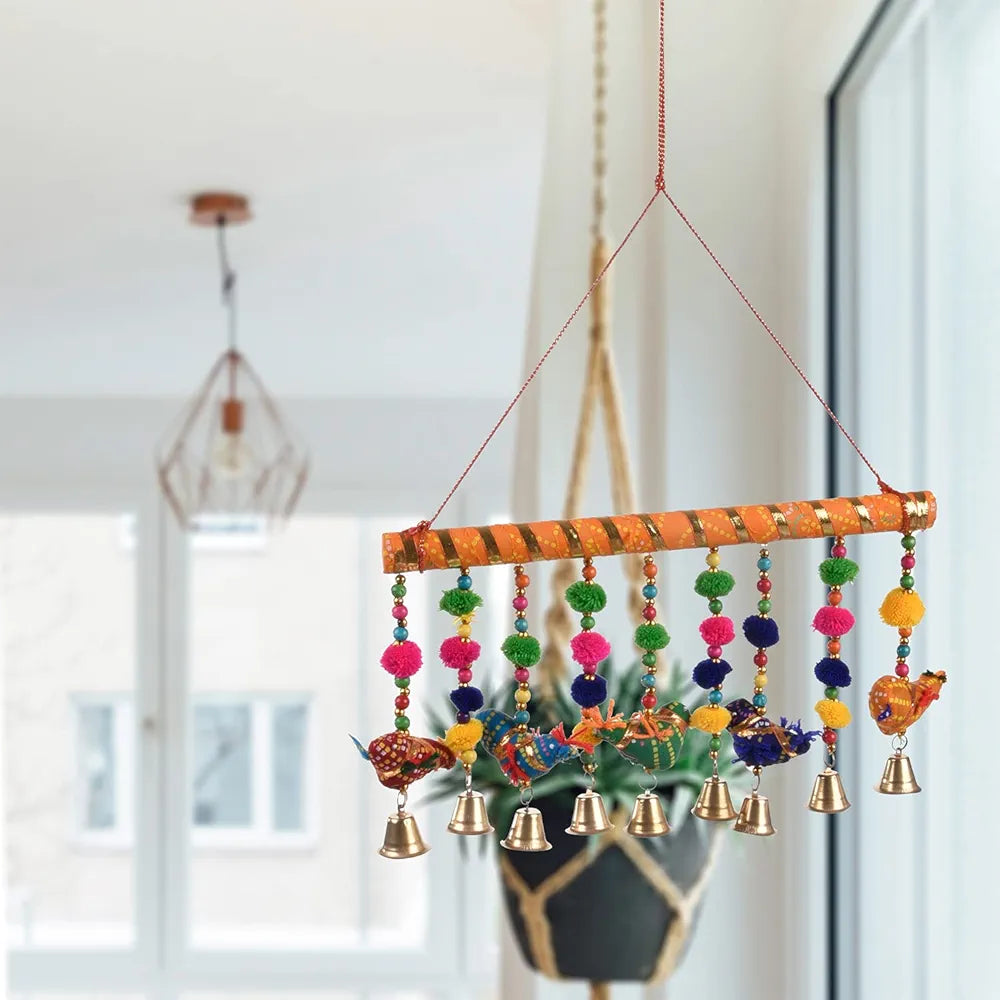 Kuber Industries Rajasthani Traditional Windchimes|5 Hanging Birds with Bamboo|Polyester Handcrafted Latkan|Decorative Door Hanging Latkan 
