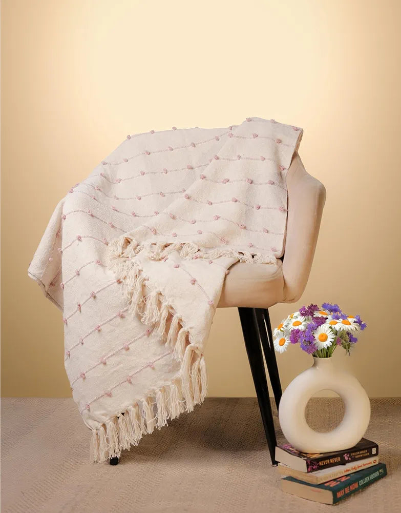 SAJAVAT HOME Hand-Knitted Pure Cotton 3 Seater Sofa Throw & Cushion Cover | 82x52 Inches / 208x132 Cm | Beige Pastel Throw & Pink Cushion for Living Room, Bedroom, Sofa & Chair | Pack of 1