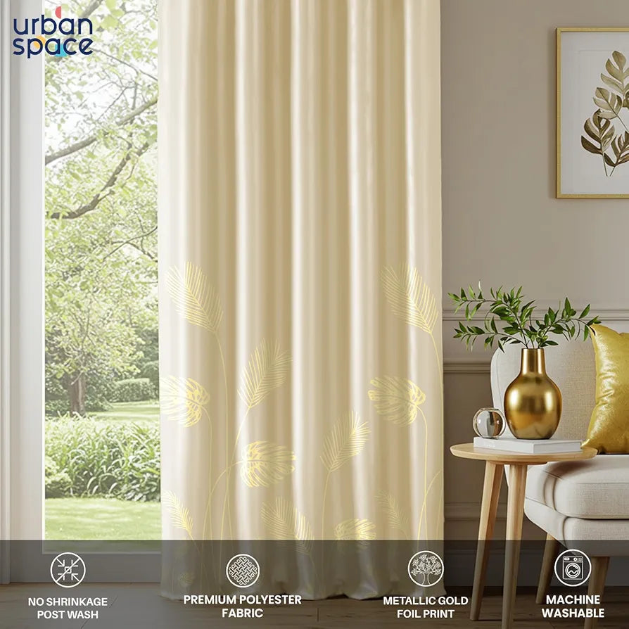 Urban Space Blackout Curtains for Living Room, Gold Foil Printed Luxurious 100% Blackout Decorative Window Curtain Eyelet with Tieback, 1 Piece 