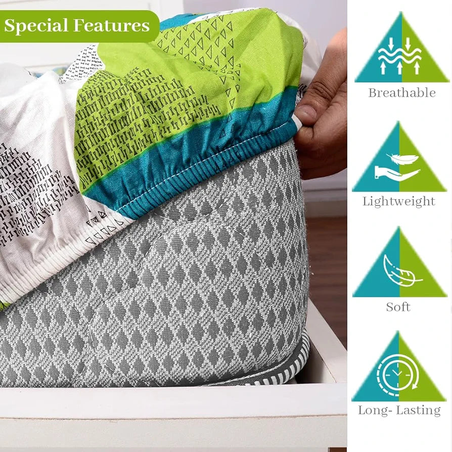 Divine Casa Green and Blue Abstarct Zig Zag Dual Print Pattern 120 TC Glace Cotton Elastic Fitted Printed Queen Size Double Bed Bedsheet with 2 Pillow Cover for Bedroom