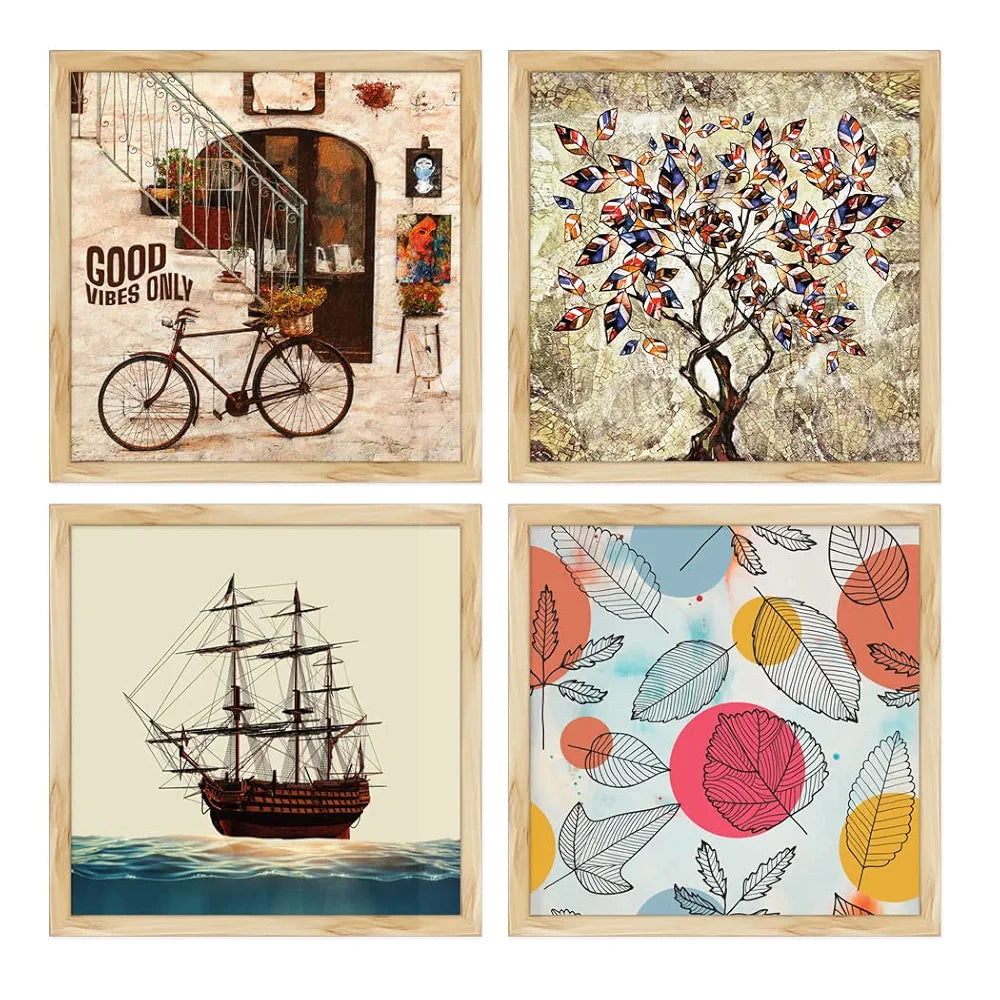 ArtX Paper Vintage Big Wall Art Frame Painting, Multicolor, Contemporary, 13 X 13 in each, 26 X 26 in Combined 