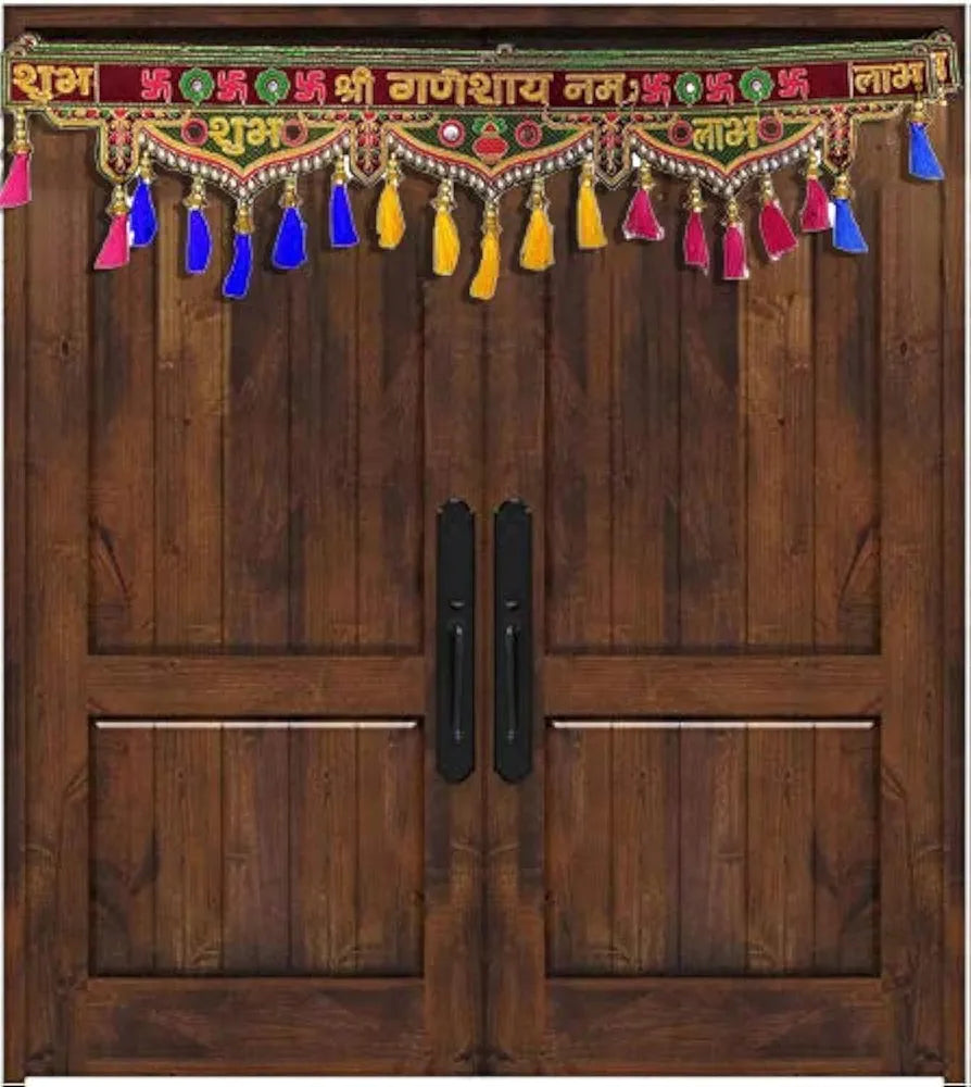 Traditional Ganesha Toran for Pooja Mandir Diwali Decoration Bell Pompom Bandhanwar Bandarwal Toranam for Main Door/Wall Hanging Home Decor Toran Multicolor 