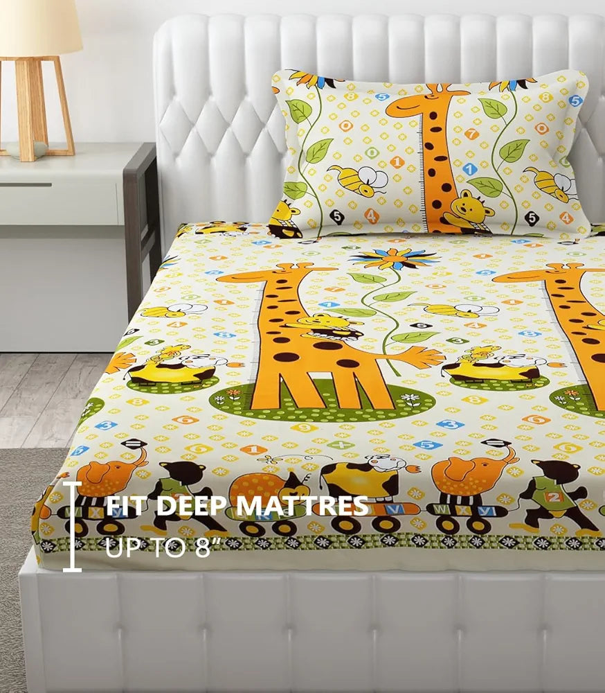 FRESH FROM LOOM Hypoallergenic Elastic Fitted Bed Sheets|Soft Glace Cotton 300 tc Fitted Bedsheet With One Pillow Cover|Bed Covers For Mattresses Tuck In , Smallsingle