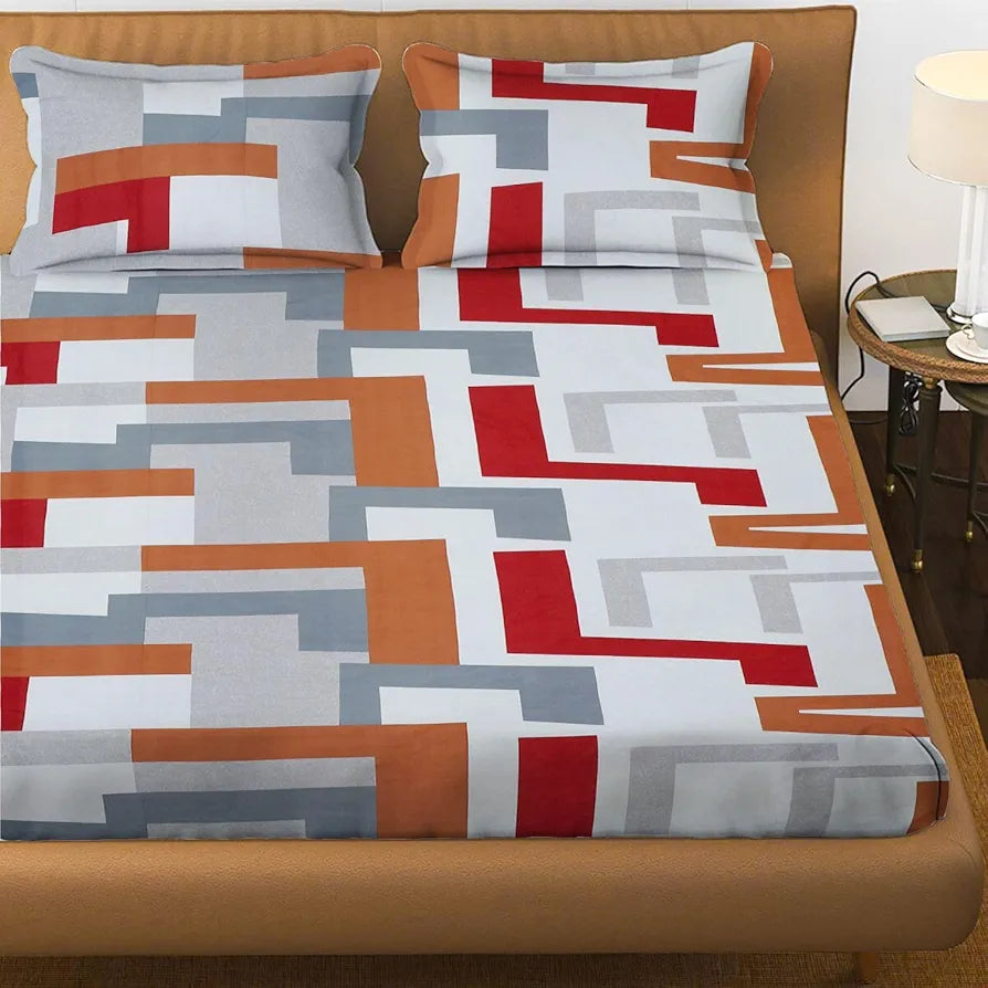 Microfiber Cotton Flat Bed Elasticsheet 90x90 Inch| Printed Bedsheet for Double Bed King Size Bed with 2 Pillow Covers | Supersoft 310 TC| Breathable| Red Color