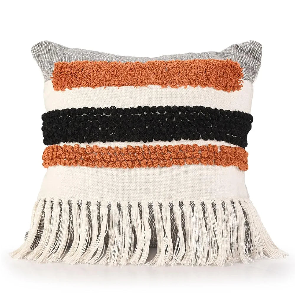 SASHAA WORLD Multi Coloured Taseled and Tufted Cotton Cushion Cover | Decorative Cushion Covers | Pillow Case, Cover | 45X45 Cm
