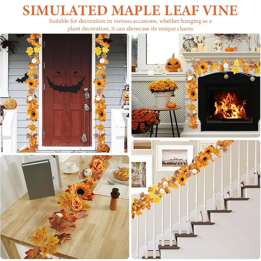 HASTHIP® Autumn Maples Leaf Pumpkin Garland with Berries, 2M/6.5FT Artificial Autumn Foliage Hanging Vine for Home, Thanksgiving, Halloween, Wedding, Fireplace, Party, Christmas Decor