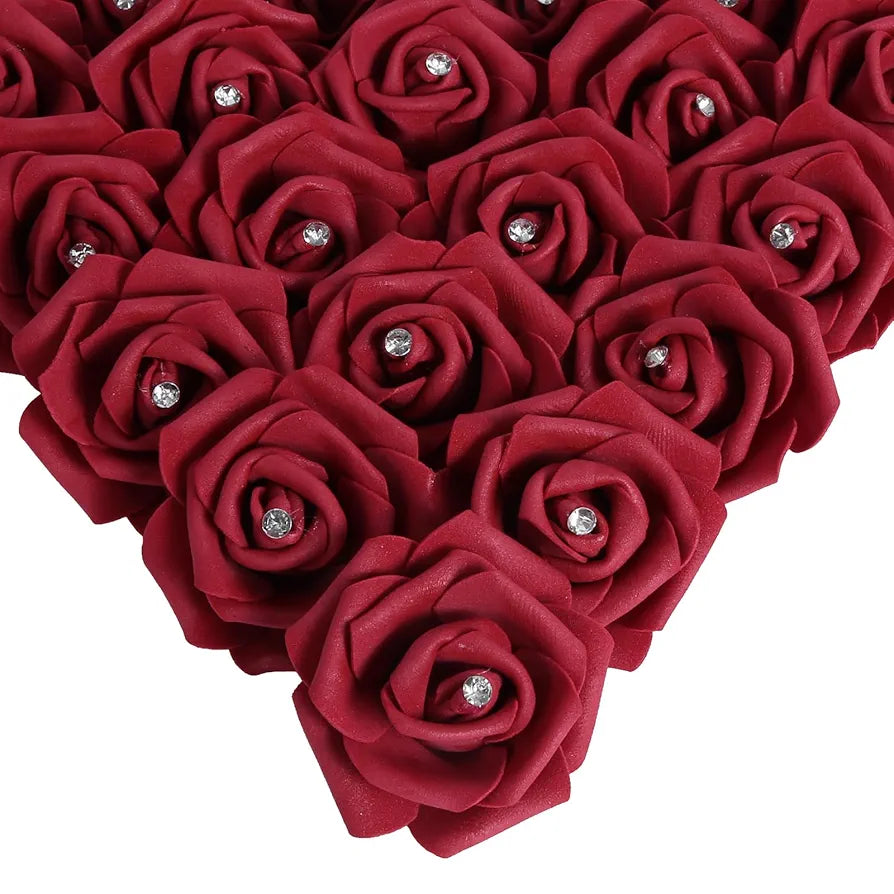 IPOPU 100PCS Burgundy Rose Artificial Flower Heads, 3in Real Looking Stemless Foam Roses Fake Flowers Bulk with Crystal for DIY Craft Wedding Bouquets Arrangements Party Home Decorations