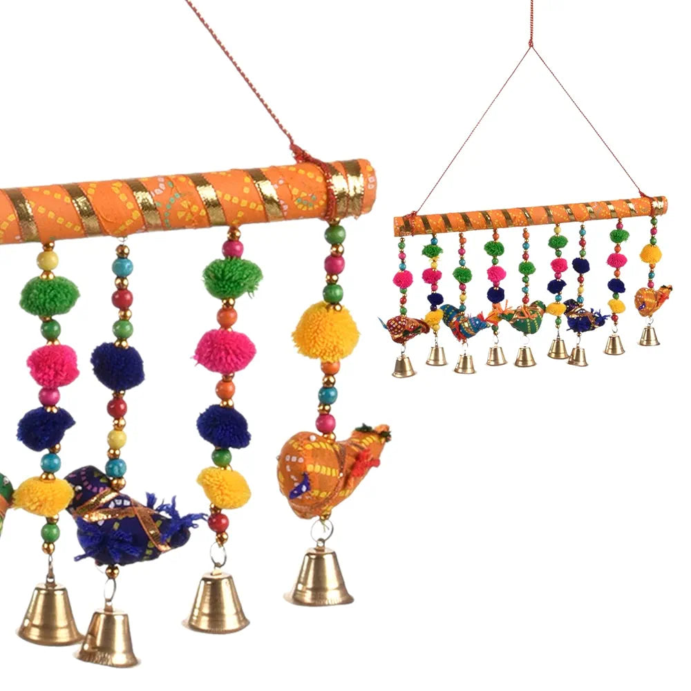 Kuber Industries Rajasthani Traditional Windchimes|5 Hanging Birds with Bamboo|Polyester Handcrafted Latkan|Decorative Door Hanging Latkan 