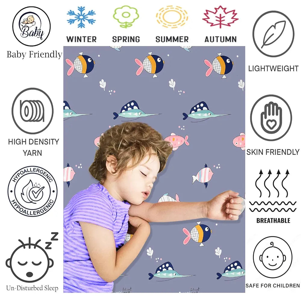 FRESH FROM LOOM Glace Cotton Wrinkle Free Soft Hypoallergenic Elastic Fitted Cartoon Printed Bedsheets for Kids with 2 Pillow,Fish/Blue),Double Bed,300 TC