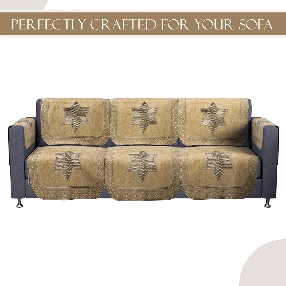 Kuber Industries Set of 16 Anti-Skid Sofa Cover 5-Seater with Arm Cover | Comfortable Slipcover Sofa Cloth & Furniture Protector for Home Decor | Star Print - Cream & Brown