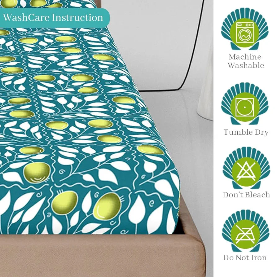 Divine Casa 144 TC Floral Blue 100% Elastic Fitted Printed King Size Double Bed Bedsheet with 2 Pillow Cover for Bedroom - 78 x 72 inches
