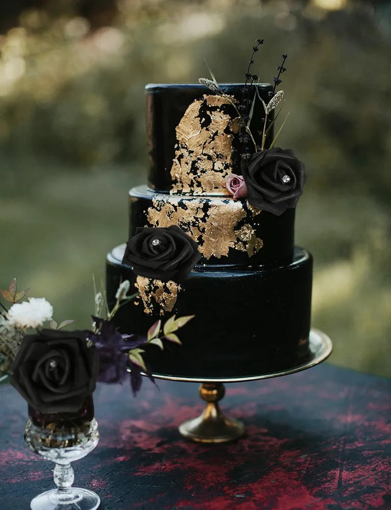 IPOPU 100pcs Black Rose Artificial Flower Heads Bulk with Crystal 3in Real Looking Foam Fake Roses Faux Flowers for DIY Craft Wedding Bouquets Arrangements Party Table Home Decorations