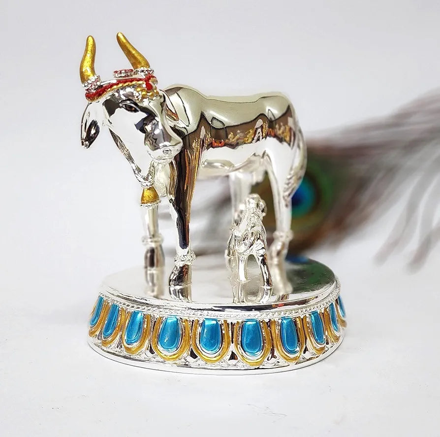 Gold Art India Kamdhenu Cow with Calf 999 Silver Plated Plain | Large Size Vastu & Feng Shui Figurine | Divine Gaumata for Home & Office Decor | Handcrafted with Blue & Gold Accents 