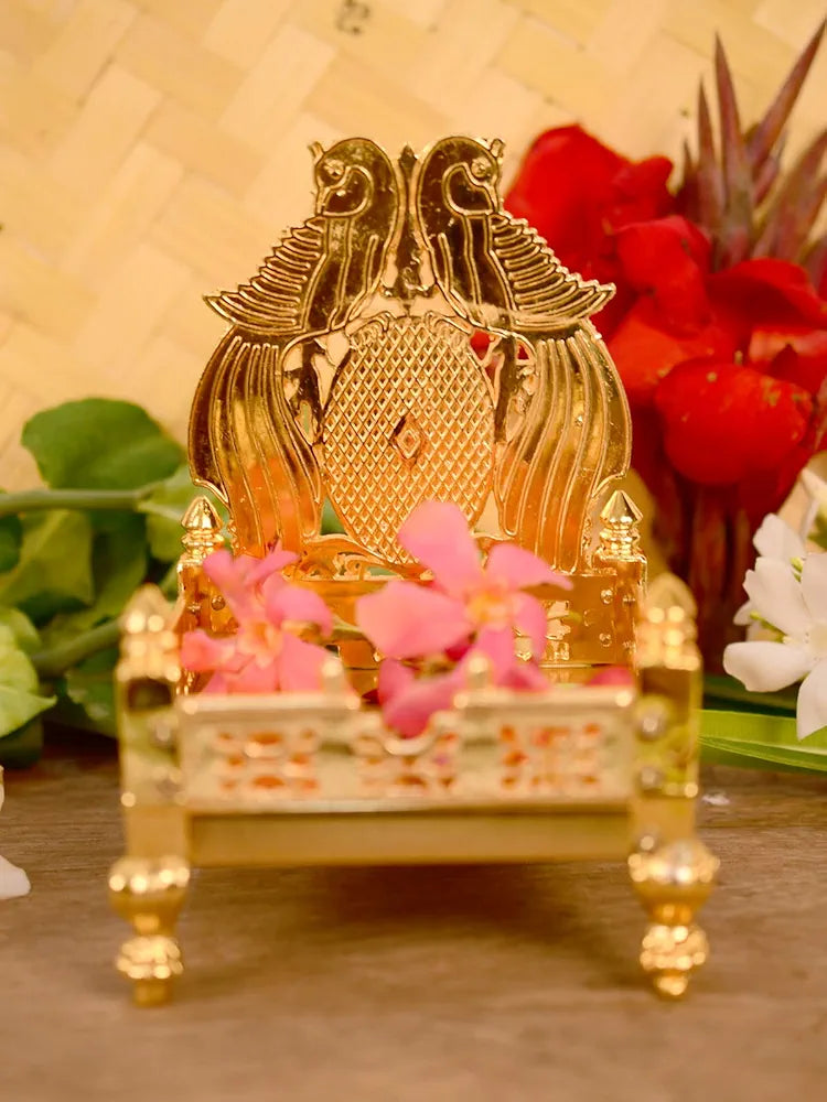 Collectible India Metal Gold Plated ladoo Gopal Singhasan Pooja Chowki mandir for God Thakur Puja Idol Peacock Design Decoration Items 