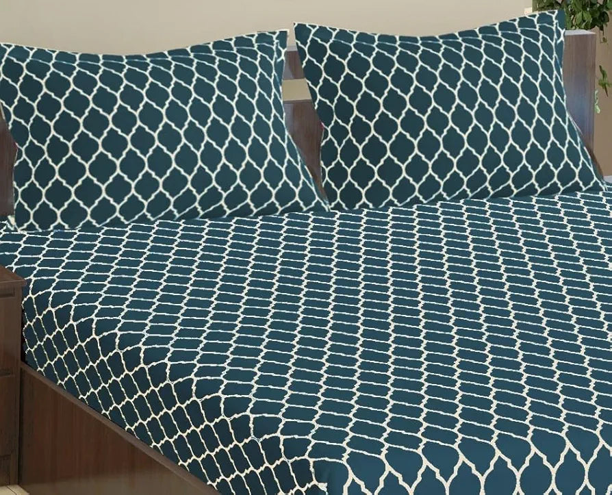 Trance Home Linen 200TC 100% Cotton Double Bed Size Elastic Fitted Bedsheet | Printed Double Size Bed Elasticated Fitted Bedspread with 2 Pillow Covers 