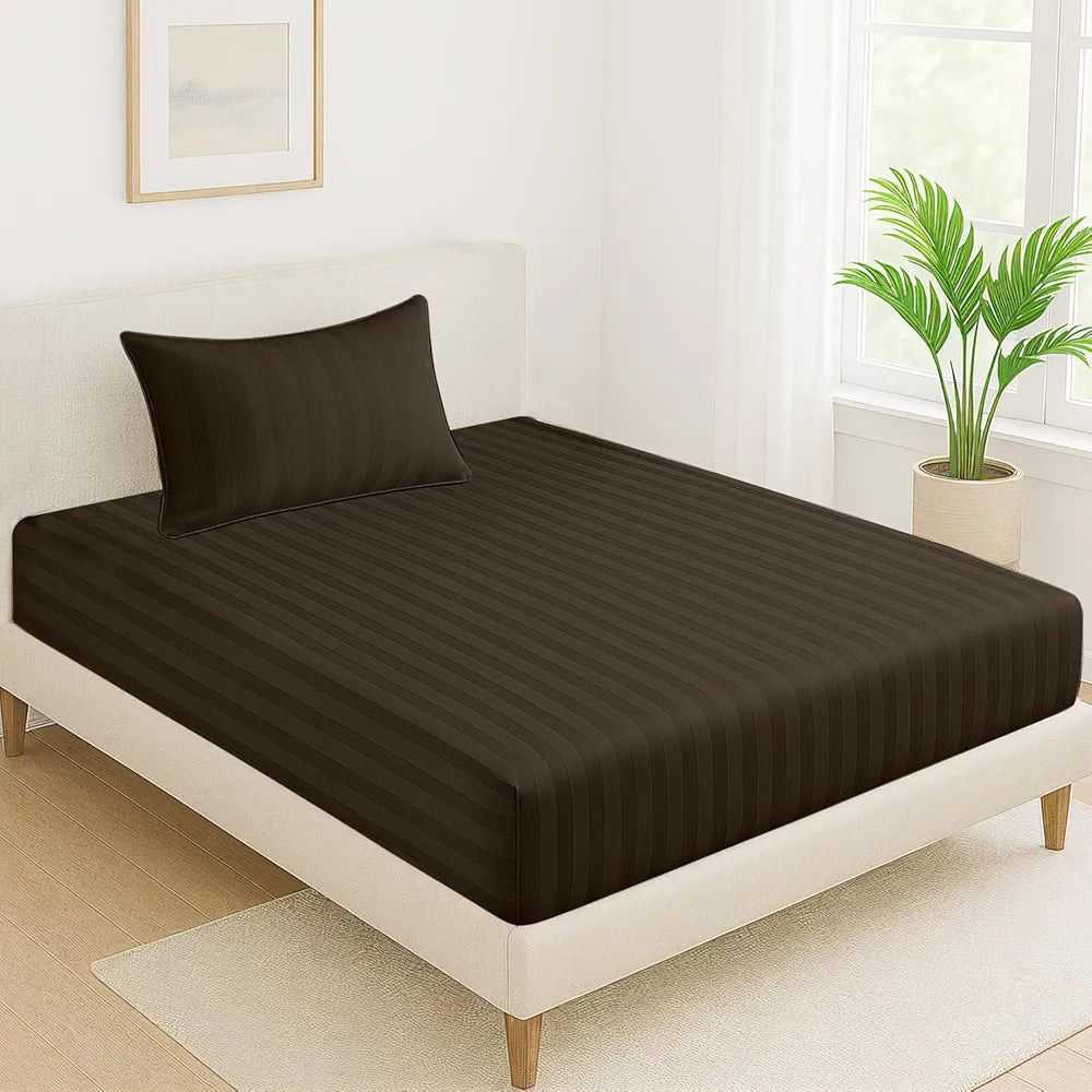 Cloth Fusion Elastic Fitted Glace Cotton Satin Striped Bedsheet Single Size with 1 Pillow Cover 