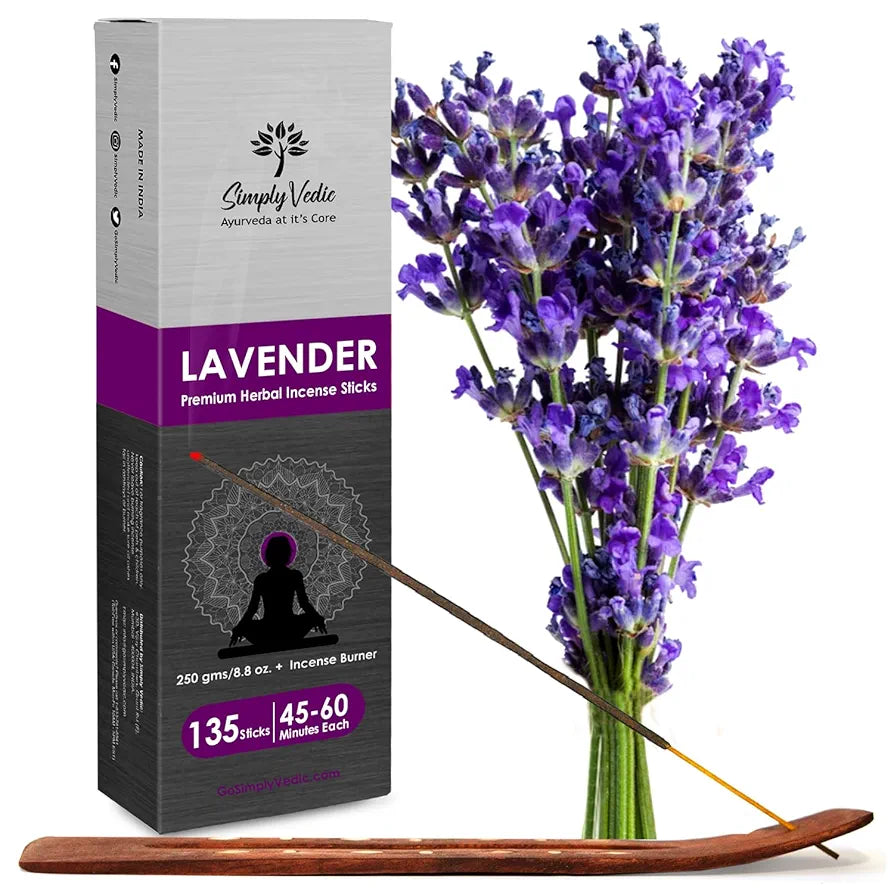 Simply Vedic Lavender Incense Sticks with Holder – 135 Handmade Charcoal-Free Agarbatti | Natural Essential Oil Aromatherapy for Meditation, Yoga, Pooja, Relaxation – 45 Min Burn, Gift Set
