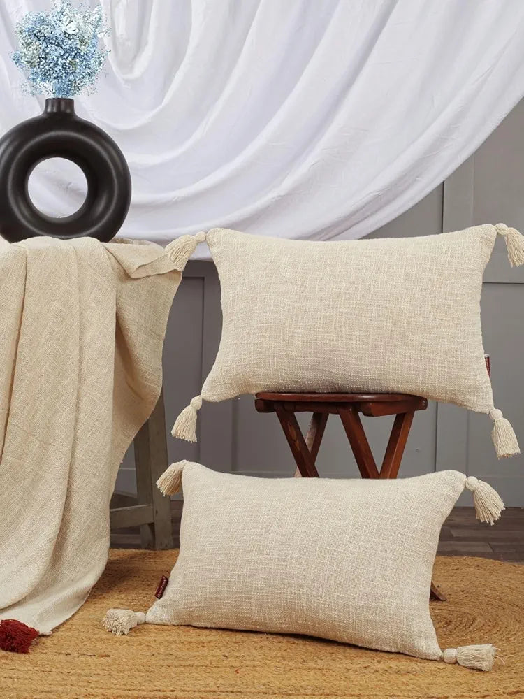 HOMADORN Luxury Cotton Handmade Decorative Boho Throw Pillow Covers with Tassels for Sofa Couch Living Room Indoor Outdoor Chair Car Farmhouse , Off White )