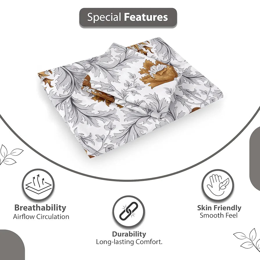Divine Casa Double Size Bedsheet for Double Bed, 144 TC Pure Cotton Queen Size with 2 Pillow Covers | 222 by 254 cm | Floral | Amber Grey
