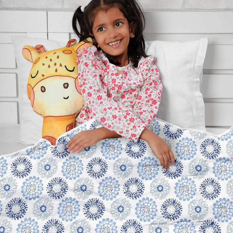 Divine Casa Floret 100% Cotton Single Kids Dohar | 120 GSM | Soft & Lightweight Throw Blanket | Cozy & Breathable Bedding | All-Season Comfort | 140 x 100 CM, Blue Beige