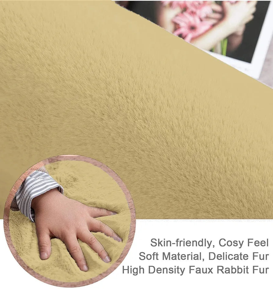 LUXE HOME INTERNATIONAL Ruffle Floor Rug Rabbit Fur 1000 Gsm Living Room Foot Mats Anti Skid Water Absorbent Easy Machine Washable Rectangular Rug For Bedroom|Floor|4 X 6 Ft|Gold|Pack Of 1