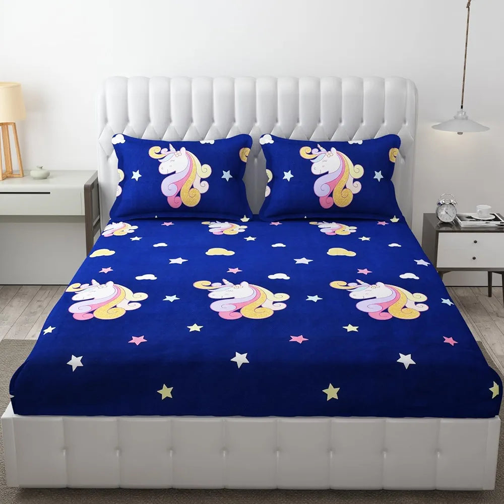 FRESH FROM LOOM 300 TC Glace Cotton Wrinkle Free Soft Elastic Fitted Bed Sheet|Cartoon Printed Bedsheets King Size For Kids With 2 Pillow Cover |Dinosaur/Blue)
