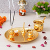 Ecraftindia Golden Decorative Puja Thali Set With Diya Ghanti Kalash Spoon Agarbatti Stand Bowl | Aarti Thali for Puja