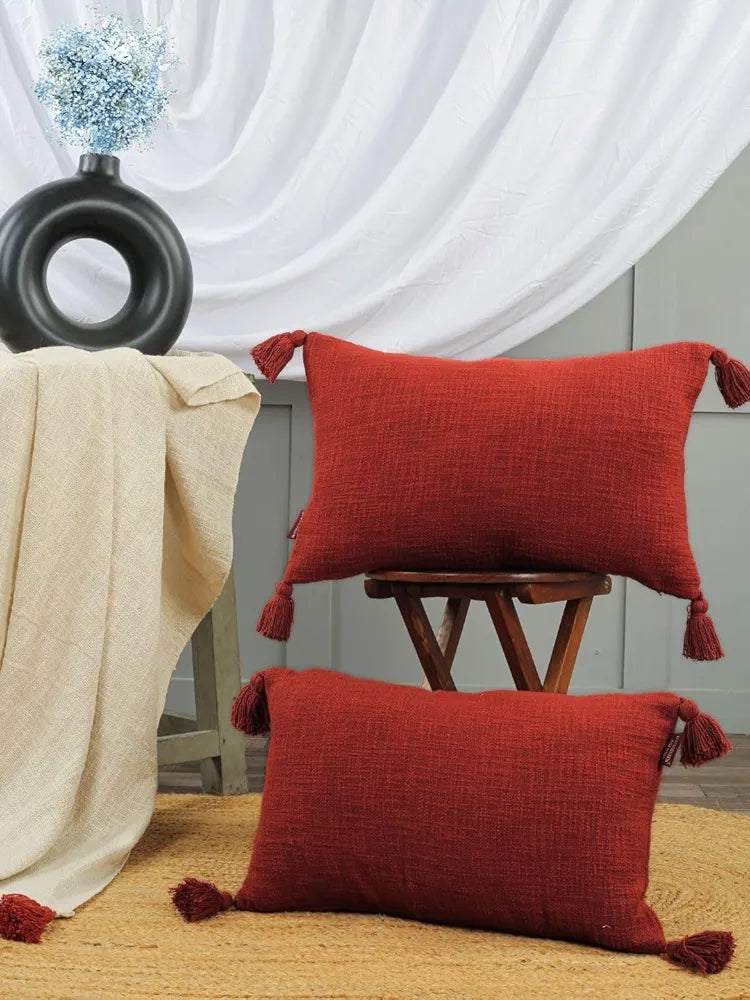 HOMADORN Luxury Cotton Handmade Decorative Boho Throw Pillow Covers with Tassels for Sofa Couch Living Room Indoor Outdoor Chair Car Farmhouse , Rust )