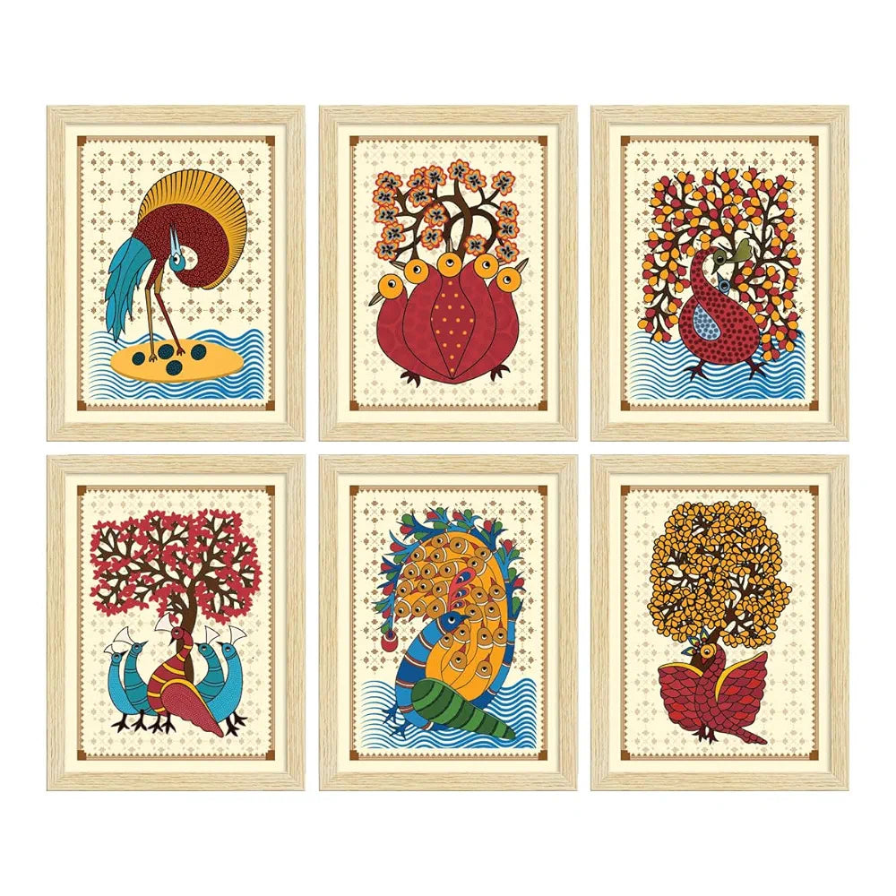 ArtX Paper Indian Gond Art Paintings with Frame for Home Decor, Wall Painting for Living Room, Multicolor, 10.0x13.0 inch each, Set of 6