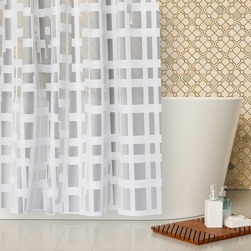 Kuber Industries PVC Shower Checkered Light-Filtering Curtain | 7 Feet White with Hooks for Bathroom