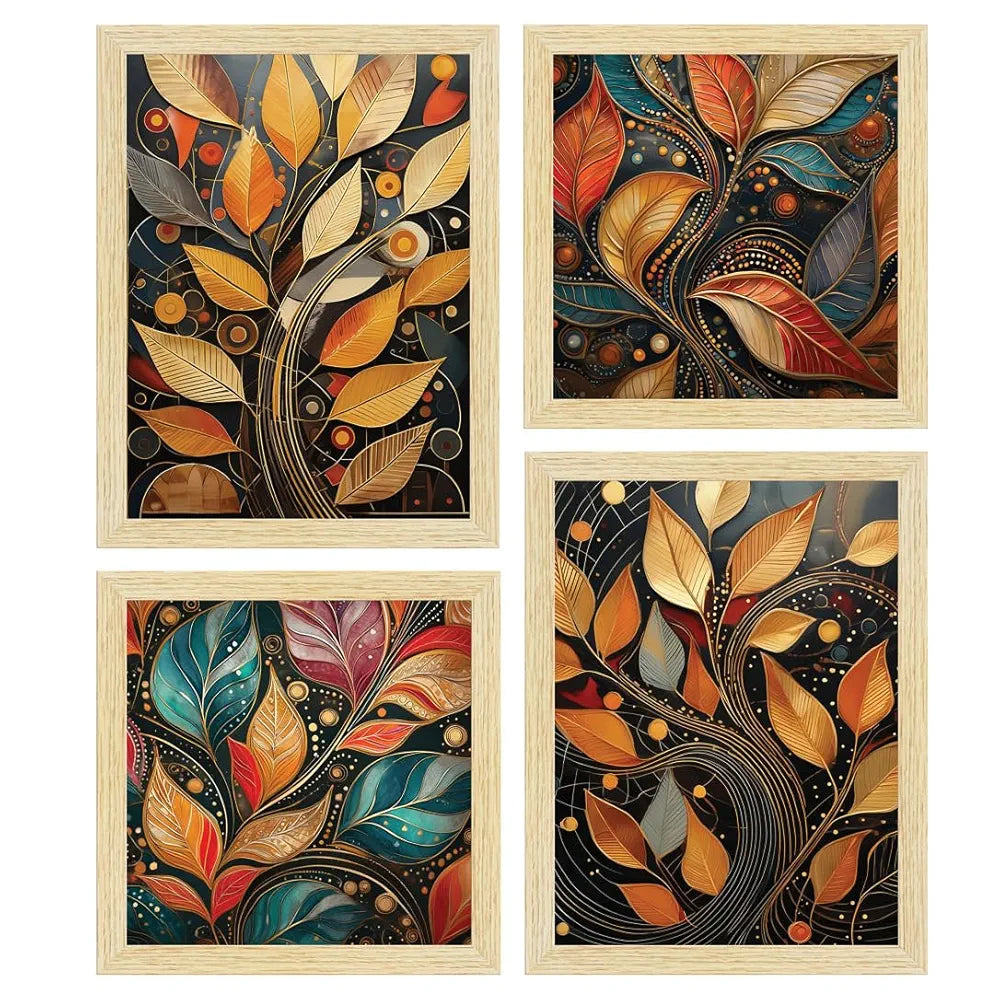 ArtX Paper Golden Mystic Leaves Art PaintingsWith Frame for Home Decor, Wall Painting for Living Room, Multicolor, Set of 4
