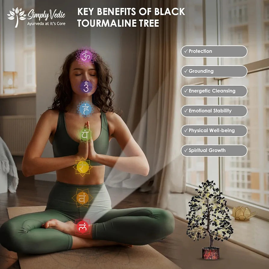 Simply Vedic Chakra Black Agate Crystal Tree| for Positive Energy, Good Luck | Natural Healing Gemstones Moneytree Feng Shui, Spiritual Gift, Home Decor| Handmade by Traditional Artist, 28 Cm
