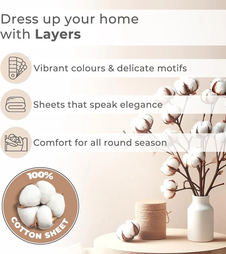 Layers Home Easy 100% Cotton Bedsheet Set for All Seasons - Lightweight, Moisture Absorbent, Machine Washable & Easy to Care - 144 TC - Queen Size 