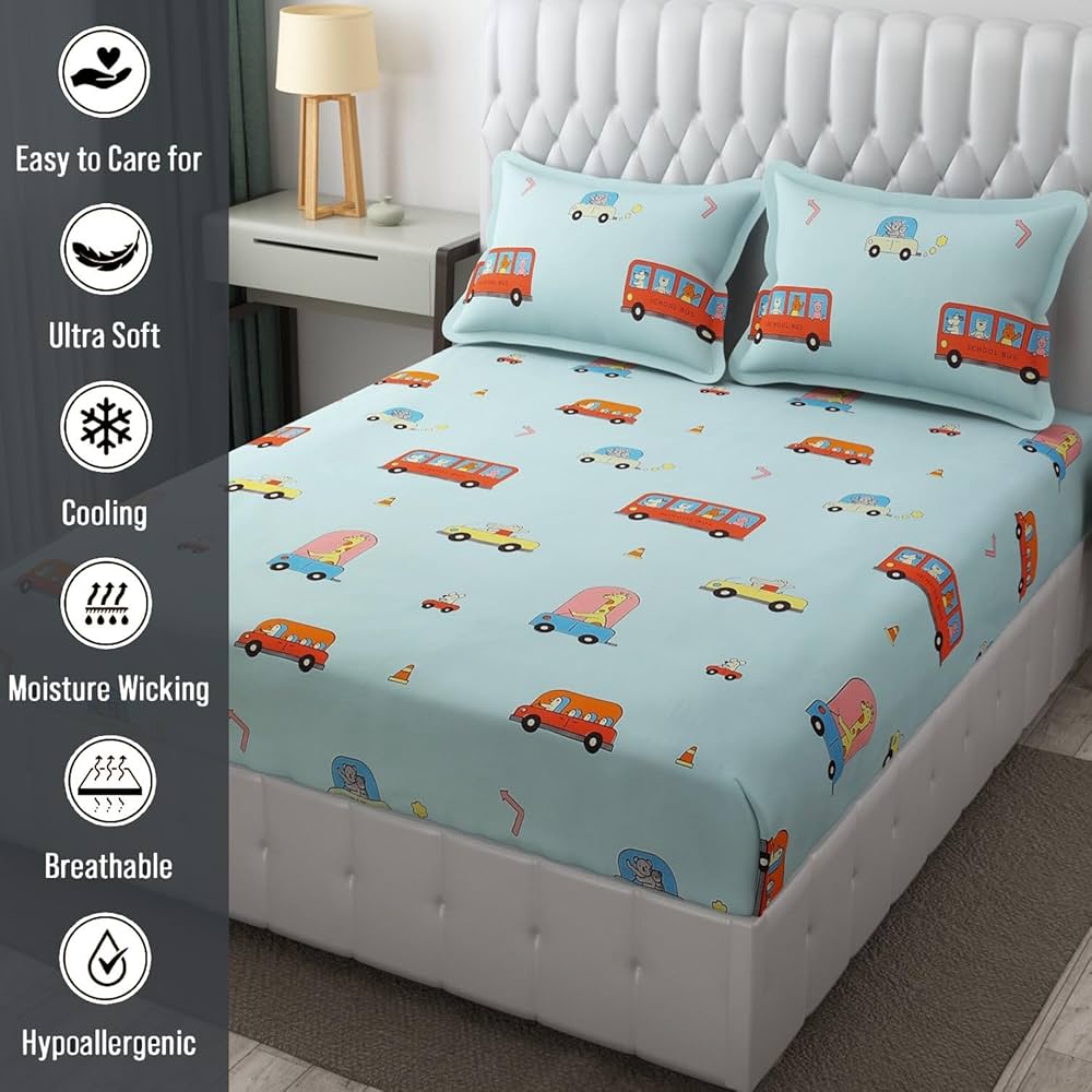 FRESH FROM LOOM Glace Cotton Wrinkle Free Soft Hypoallergenic Bed Sheet with 2 Pillow Cover | Cartoon Printed | Double Bed King Size Kids Bedsheet  144 TC
