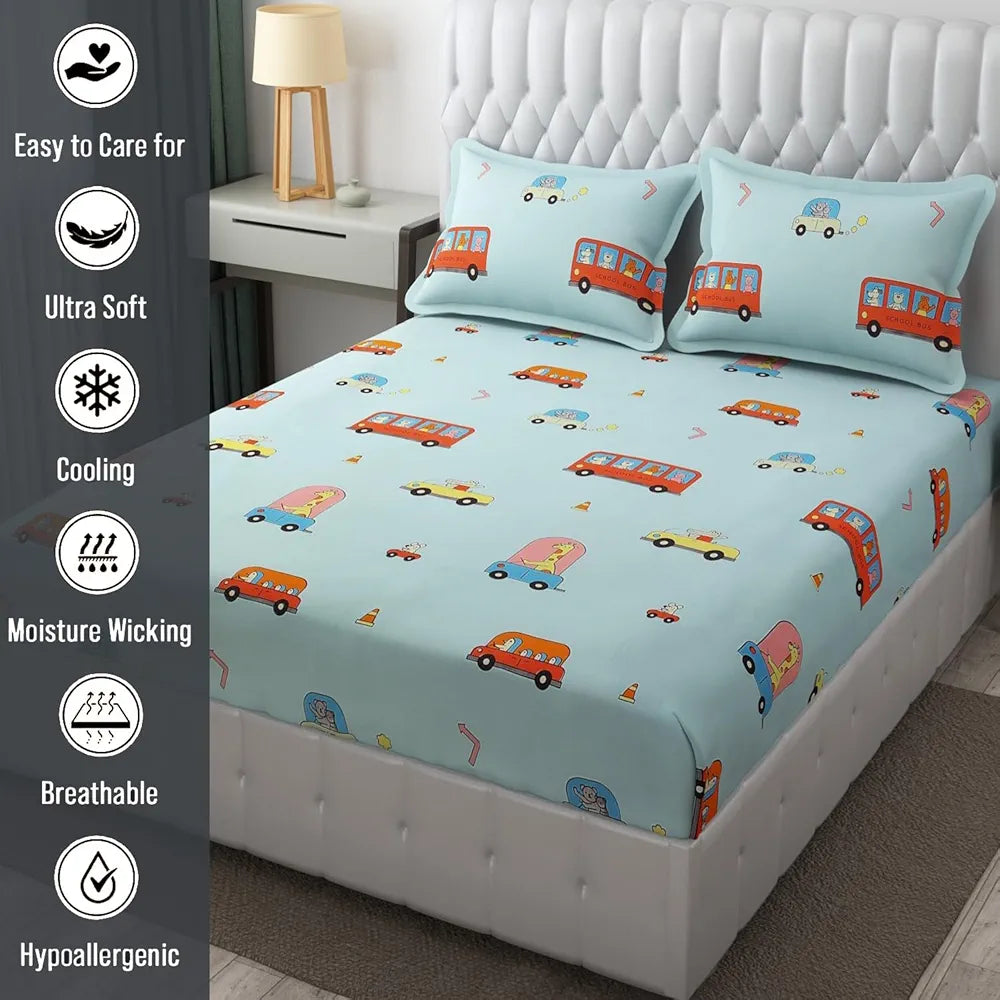 FRESH FROM LOOM 300 TC Glace Cotton Soft Hypoallergenic Elastic Fitted Bed Sheet with 2 Pillow Cover|Cartoon Printed|Kids Bedsheet |Aqua/Bus), queen