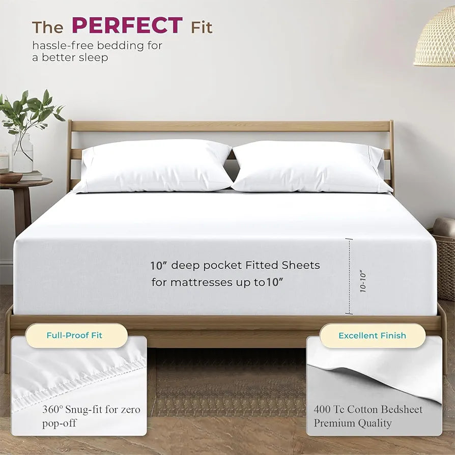 Trance Home Linen 100% Cotton 78x60 inch Queen Elastic Fitted Bedsheet | 400TC Premium Queen Double Bed Size Plain Fitted Elastic Bed Sheet with 2 Pillow Covers 