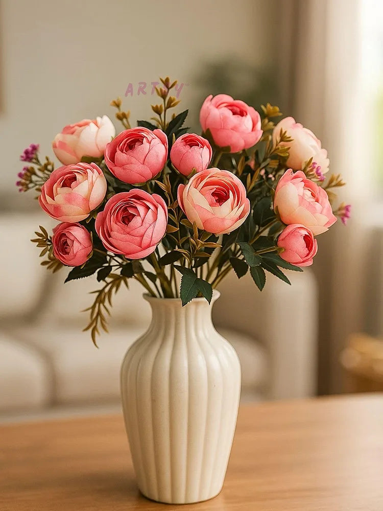 ARTSY® Artificial Flowers for home decoration dry peony rose Flower bunch For room decor, Office, for vase, pot filler, gifting, Craft, Without Vase, combo, Pack of 2 piece, 6 branches each, baby pink