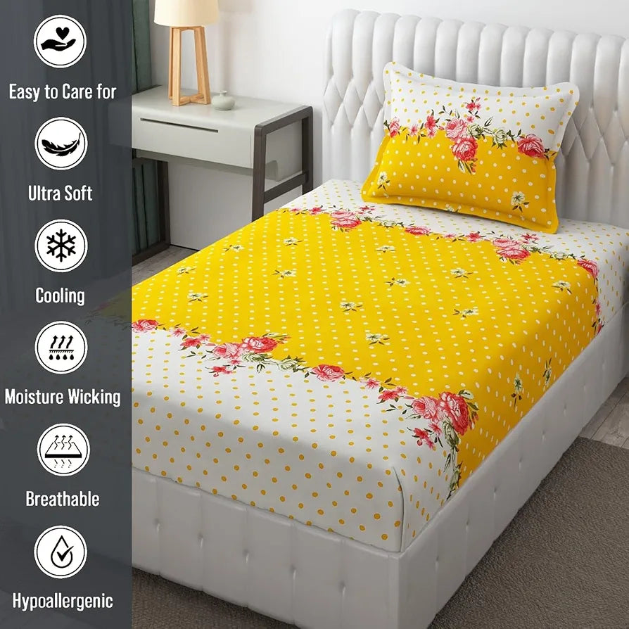 FRESH FROM LOOM Single Bedsheet Single Size - Microfiber Rotary Printed, Hypoallergenic, Wrinkle Free with 1 Pillow Covers , 144 TC