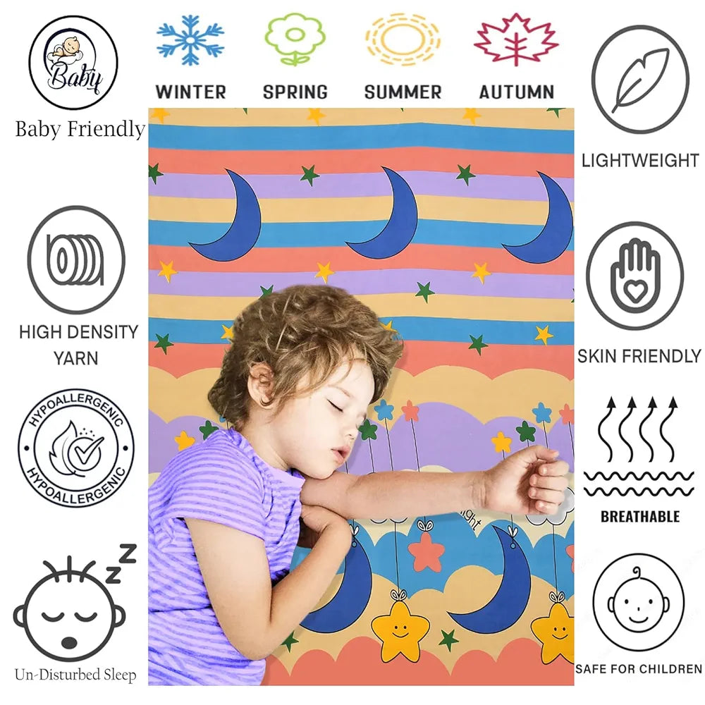 FRESH FROM LOOM Animal 300 TC Wrinkle Free Glace Cotton Elastic Fitted Bedsheet for Kids with Two Pillow Cover |Moon Gud Night), queen, gud night multi color