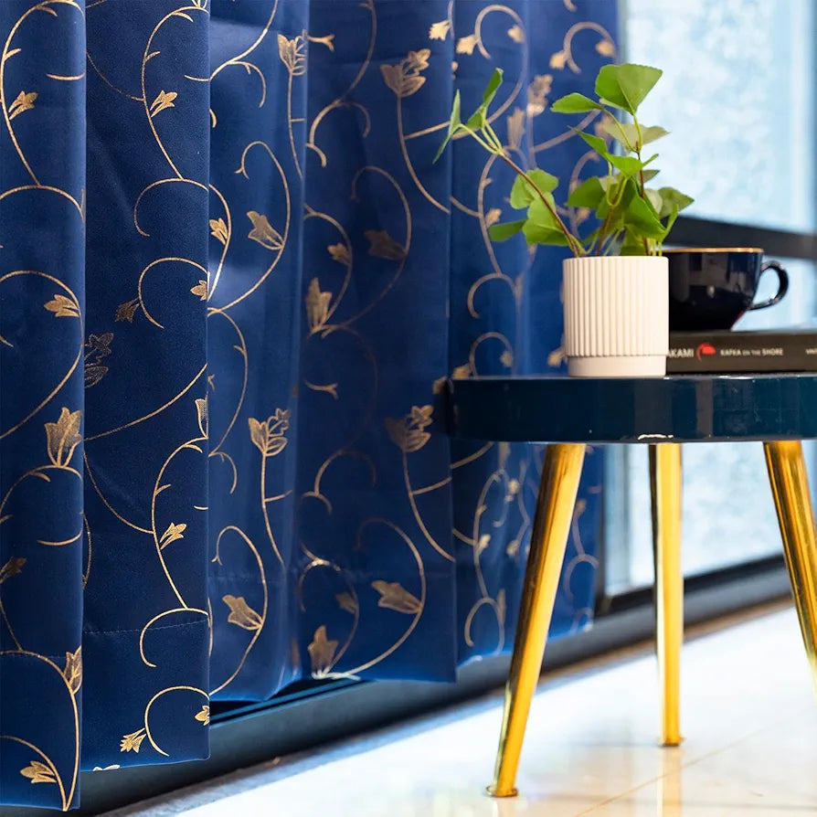 Urban Space Pure Blackout Opaque Curtains For Living Room, Gold Foil Printed Luxurious 80-85% Blackout Opaque Curtains Eyelet With Tieback, 1 Piece Pack, Vine Navy Blue 
