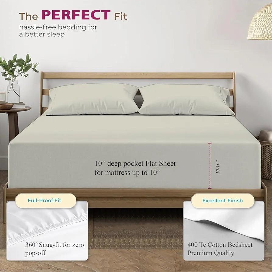 Trance Home Linen 100% Cotton 78x60 inch Queen Elastic Fitted Bedsheet | 400TC Premium Queen Double Bed Size Plain Fitted Elastic Bed Sheet with 2 Pillow Covers 